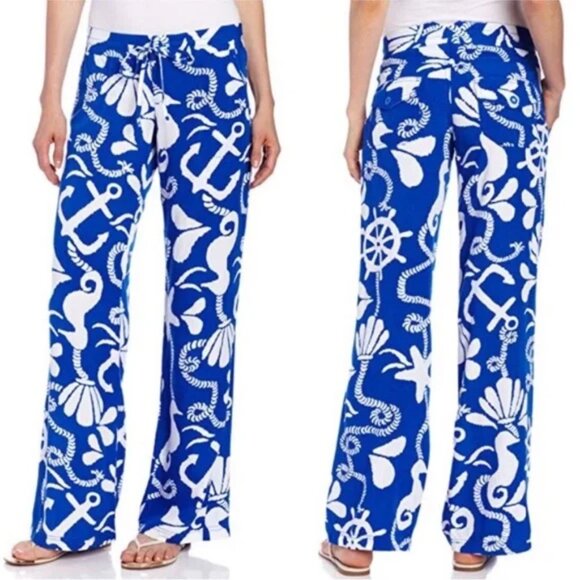 Lilly Pulitzer Pippa Pants Schooner Blue Dock Hopper Nautical Beach Coastal M - Picture 1 of 11